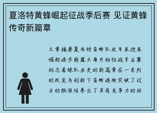 夏洛特黄蜂崛起征战季后赛 见证黄蜂传奇新篇章